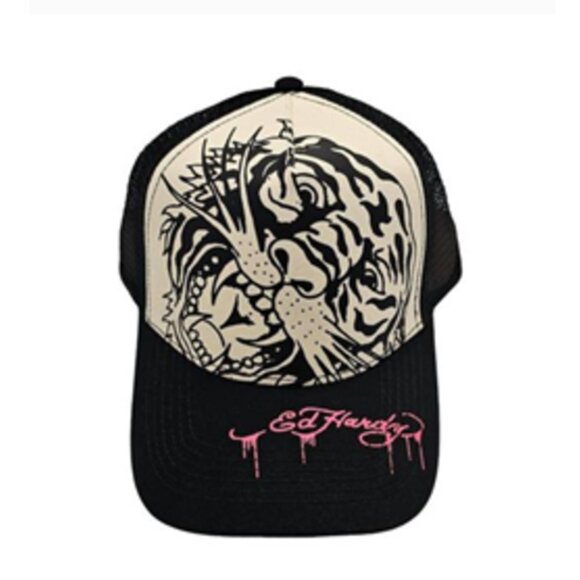 Ed Hardy Tiger Outline Trucker Hat Mesh Snapback Cap Ivory Black NWT - Picture 1 of 4